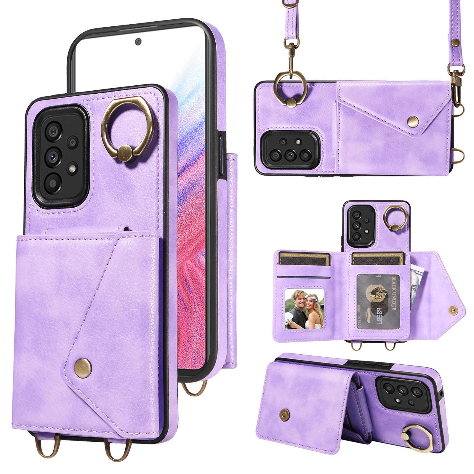 002 For Samsung Galaxy A53 5G Card Bag Cover Ring Kickstand Litchi Texture Leather TPU Phone Case with Shoulder Strap 002 For Samsung Galaxy A53 5G Card Bag Cover Ring Kickstand Litchi Texture Leather TPU Phone Case with Shoulder Strap